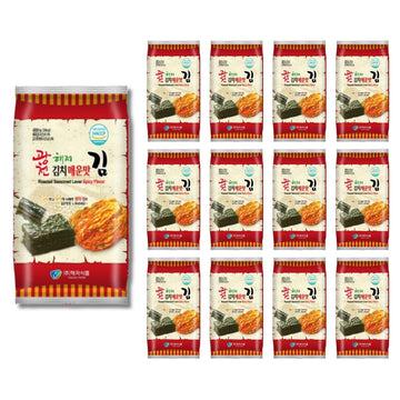 Korean Crispy Seaweed Snacks, Kimchi Spicy Flavor - 12 Individual Sheets Roasted Nori, Vegan, Gluten-Free, 100% Natural Laver