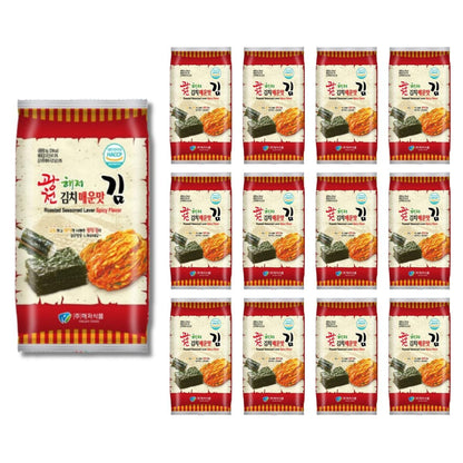 Korean Crispy Seaweed Snacks, Kimchi Spicy Flavor - 12 Individual Sheets Roasted Nori, Vegan, Gluten-Free, 100% Natural Laver