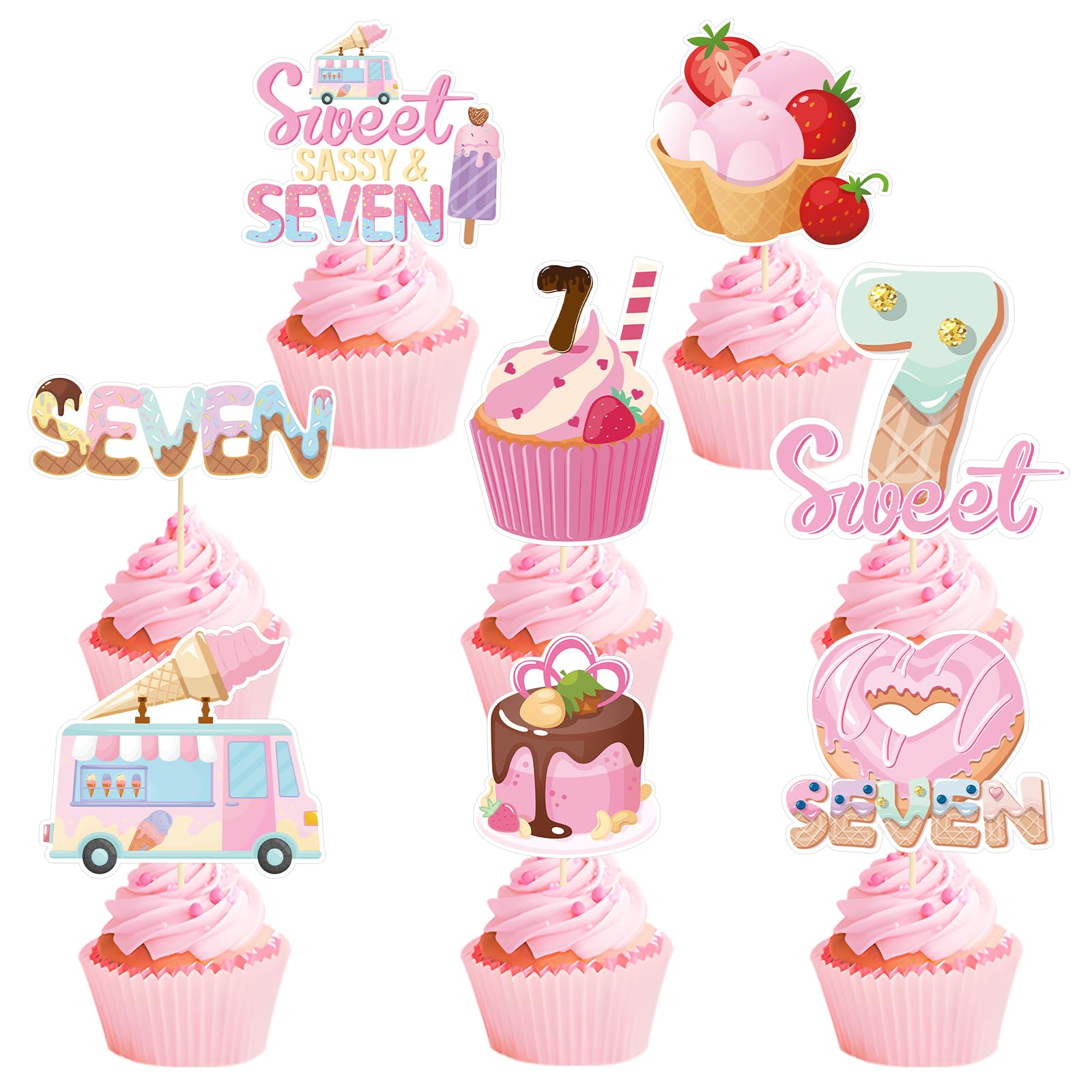 Joybileefun 40PCS Ice Cream Cupcake Toppers, Paper Birthday Decorations, 2*4 inches, Sweet Sassy and Seven Color