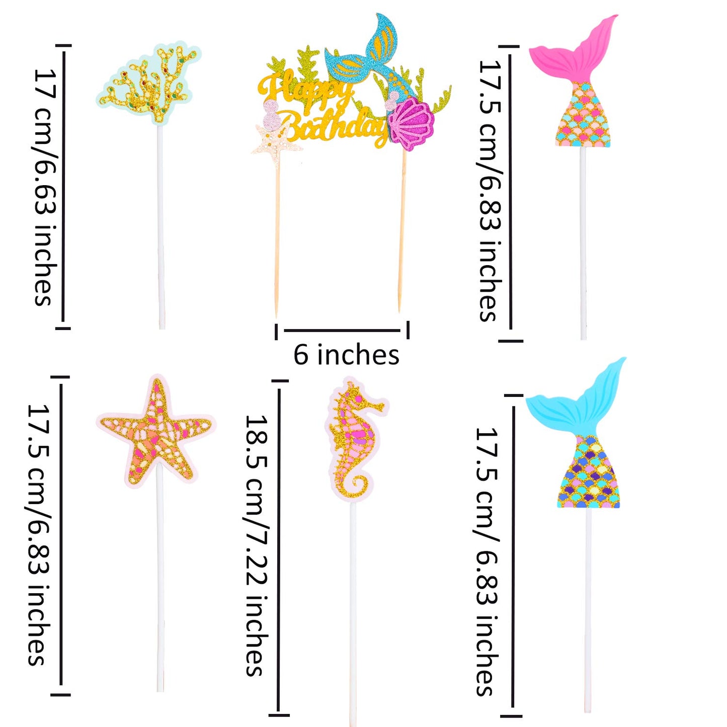 Diyasy Glitter Mermaid Cake Toppers, 6 Pack Happy Birthday Cake Decoration For Girls Party And Baby Shower
