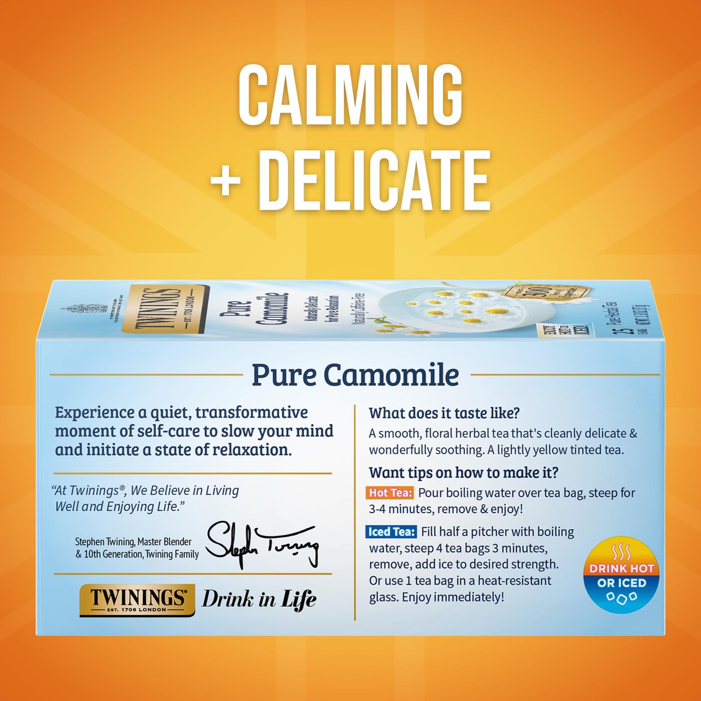 Twinings Herbal Tea, Pure Camomile, Caffeine-Free, 25 Count (Pack of 6), Model 9178, Individually Wrapped Bags
