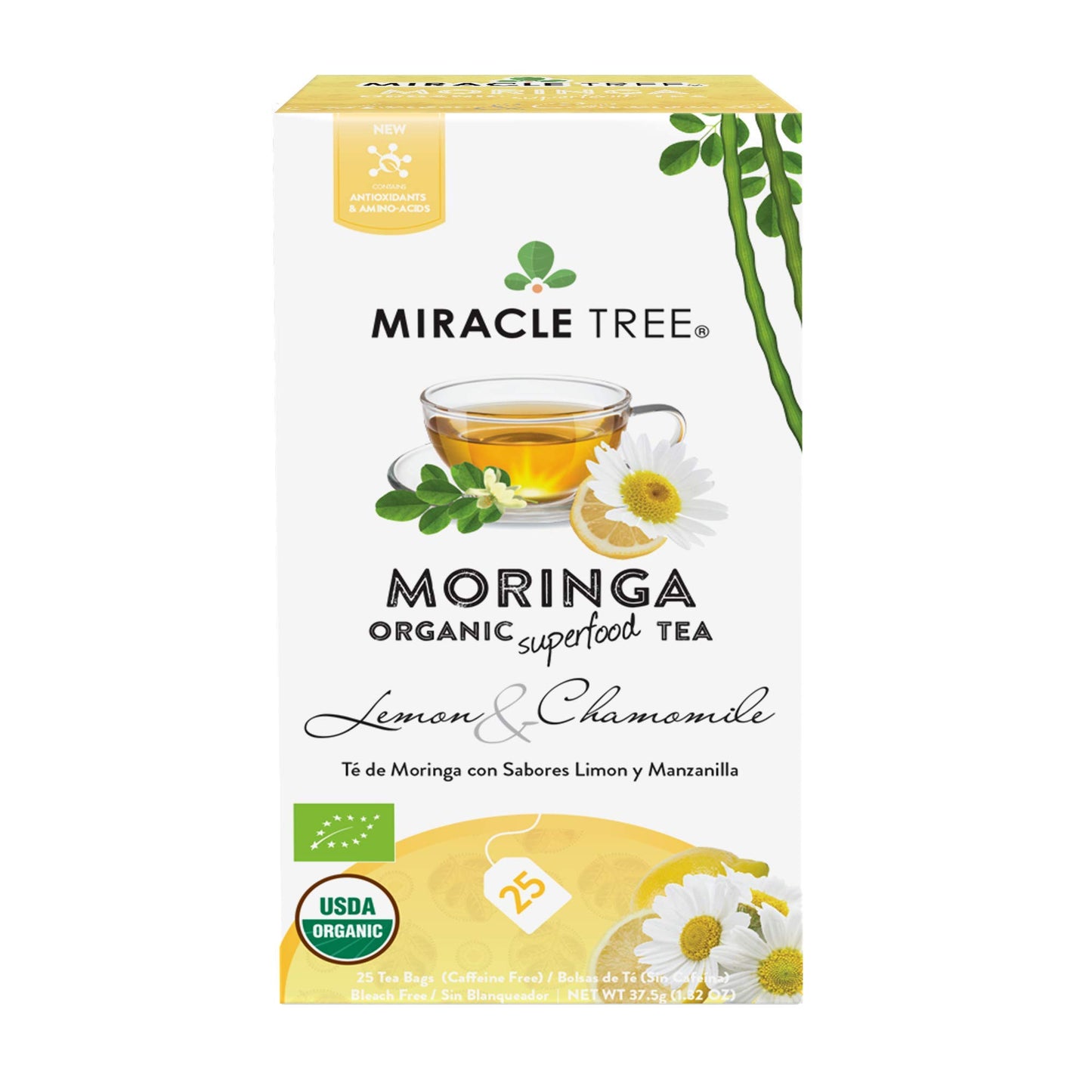 Tree Organic Moringa Superfood Tea, Lemon Chamomile, 25 Individually Sealed Bags, Vegan, Gluten-Free, Caffeine-Free