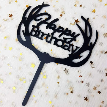 Antlers Happy Birthday Cake Topper Party Decorations (Black Acrylic)