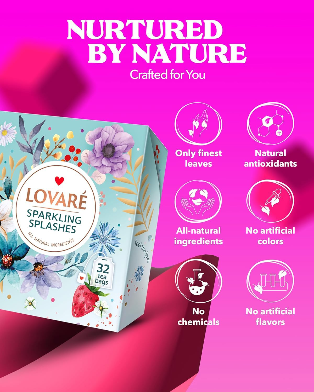 LOVARE Sparkling Splashes Tea Bags, Classic Black & Sencha Green Blend, 32 Individually Wrapped Bags, 64g Gift Box Set
