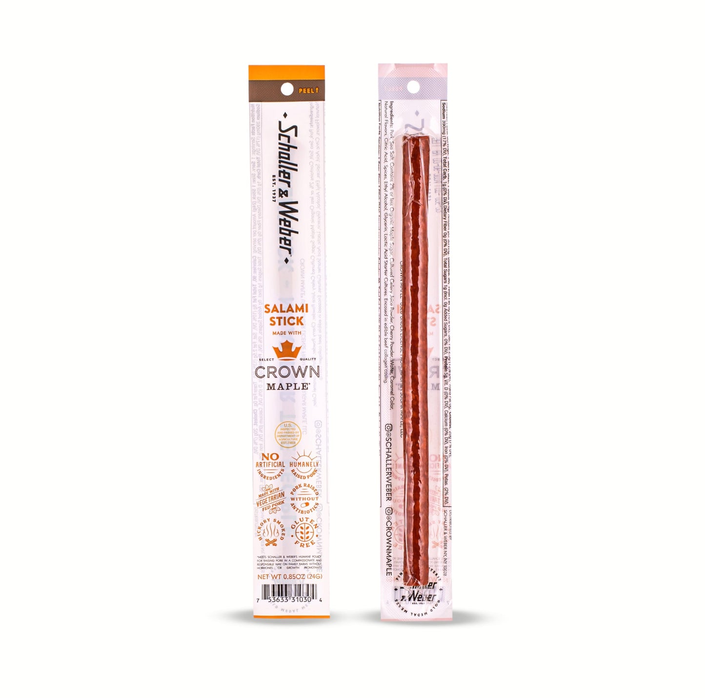 Schaller & Weber Smoked Salami Sticks with Crown Maple Syrup, Gluten Free, 0.85 Oz (Pack of 6)