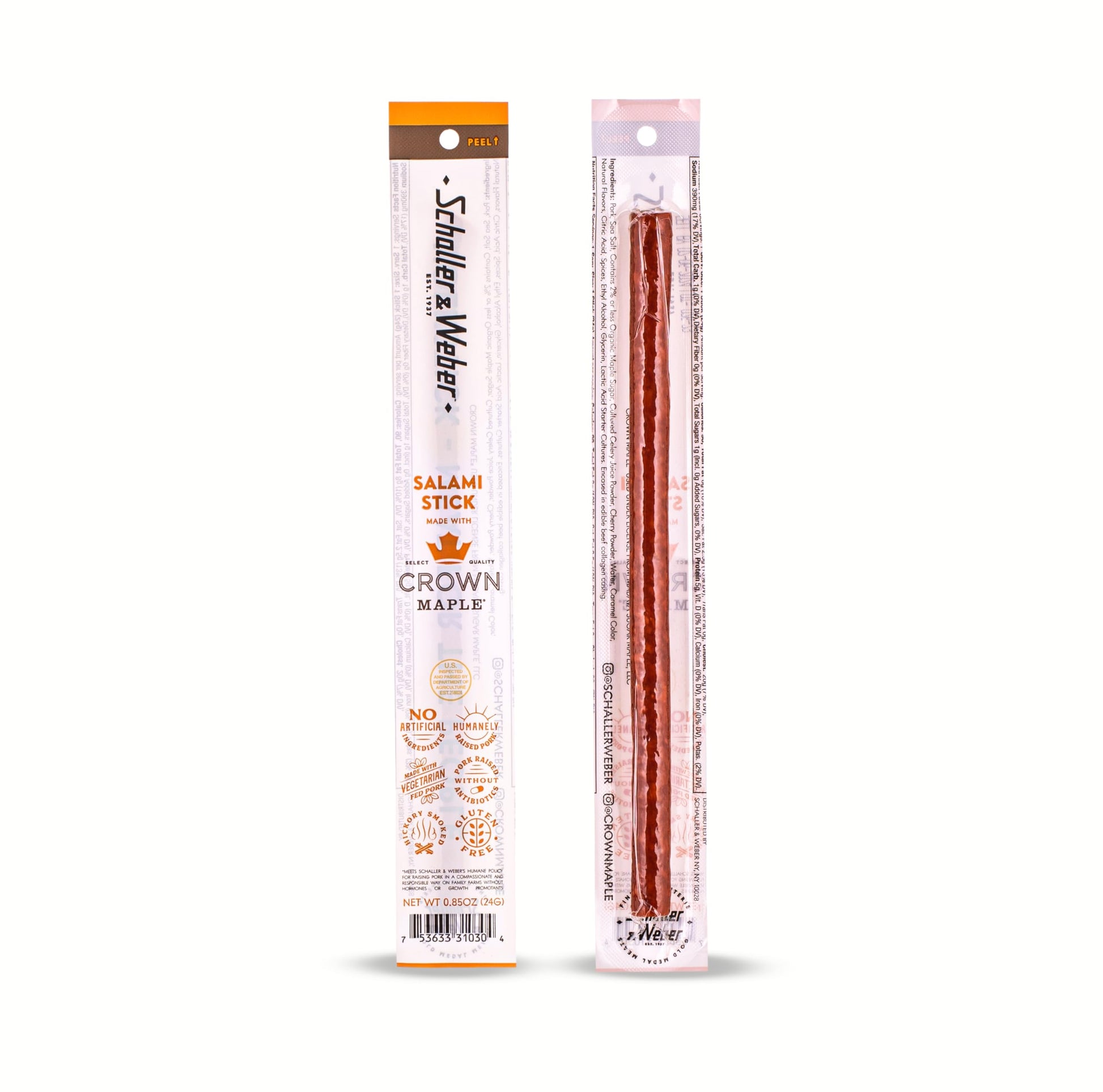 Schaller & Weber Smoked Salami Sticks with Crown Maple Syrup, Gluten Free, 0.85 Oz (Pack of 6)