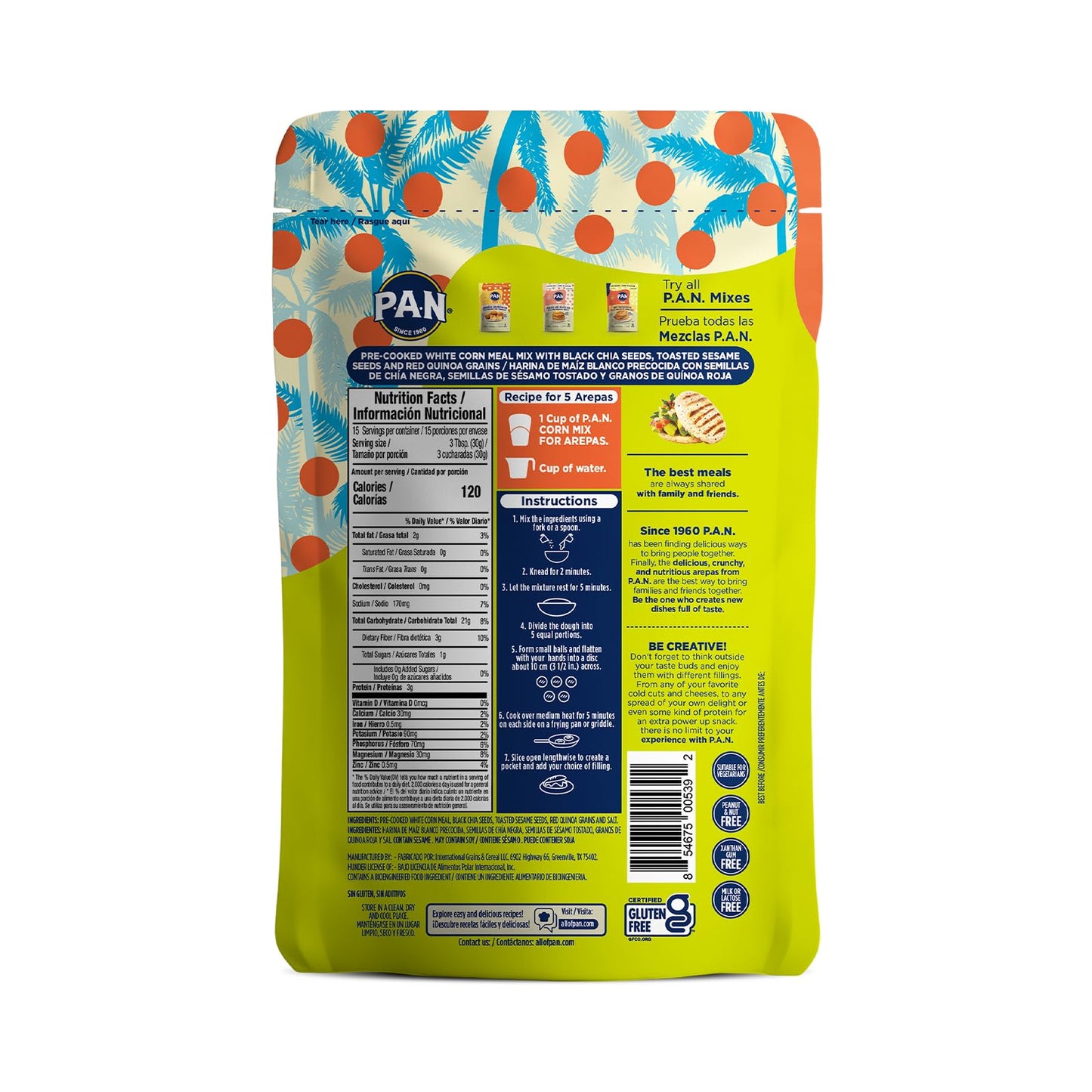 P.A.N. Multi Grains & Seeds Mix, Pre-cooked Gluten Free Flour with Chia, Sesame & Quinoa, 16 oz (Pack of 6)