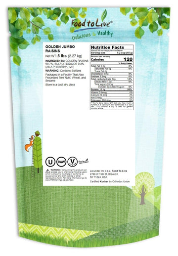 Food To Live California Jumbo Golden Raisins, 5 Pounds - Seedless, Sun-Dried, No Added Oil, No Added Sugar, Kosher, Vegan, Raw,