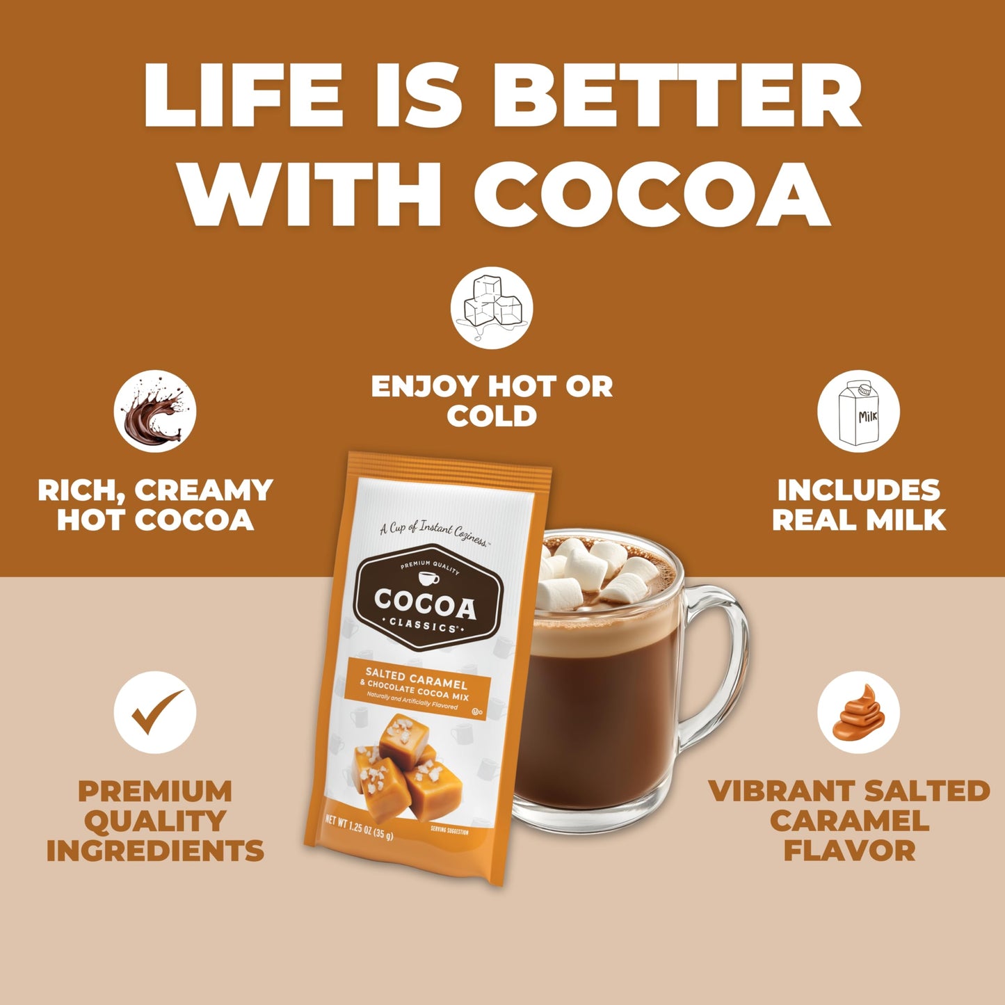 Cocoa Classics Salted Caramel Cocoa Mix, Hot Chocolate, Made With Nonfat Milk, Just Add Hot Water, Make Hot Or Iced Cocoa, Glute