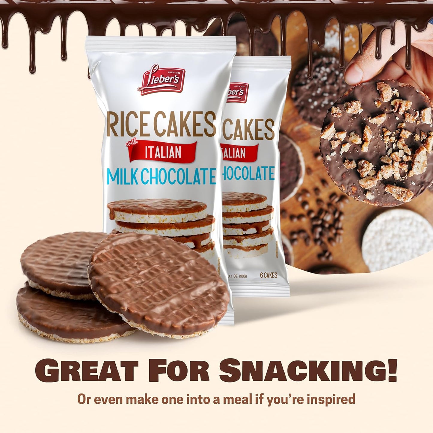 LIEBERS Kosher Certified Dairy Italian Milk Chocolate Rice Cakes, Gluten Free Snack Italian Milk Chocolate (pack of 3)
