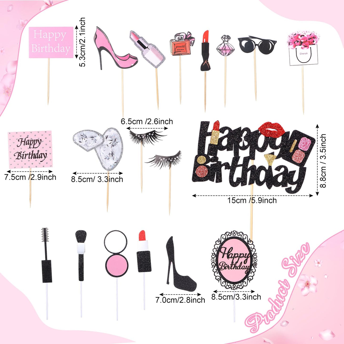 Beeveer 42 PCS Makeup Cake Topper Decorations Cosmetics Theme Bridal Cake Topper Party Lipstick Perfume Picks for Bridal Shower