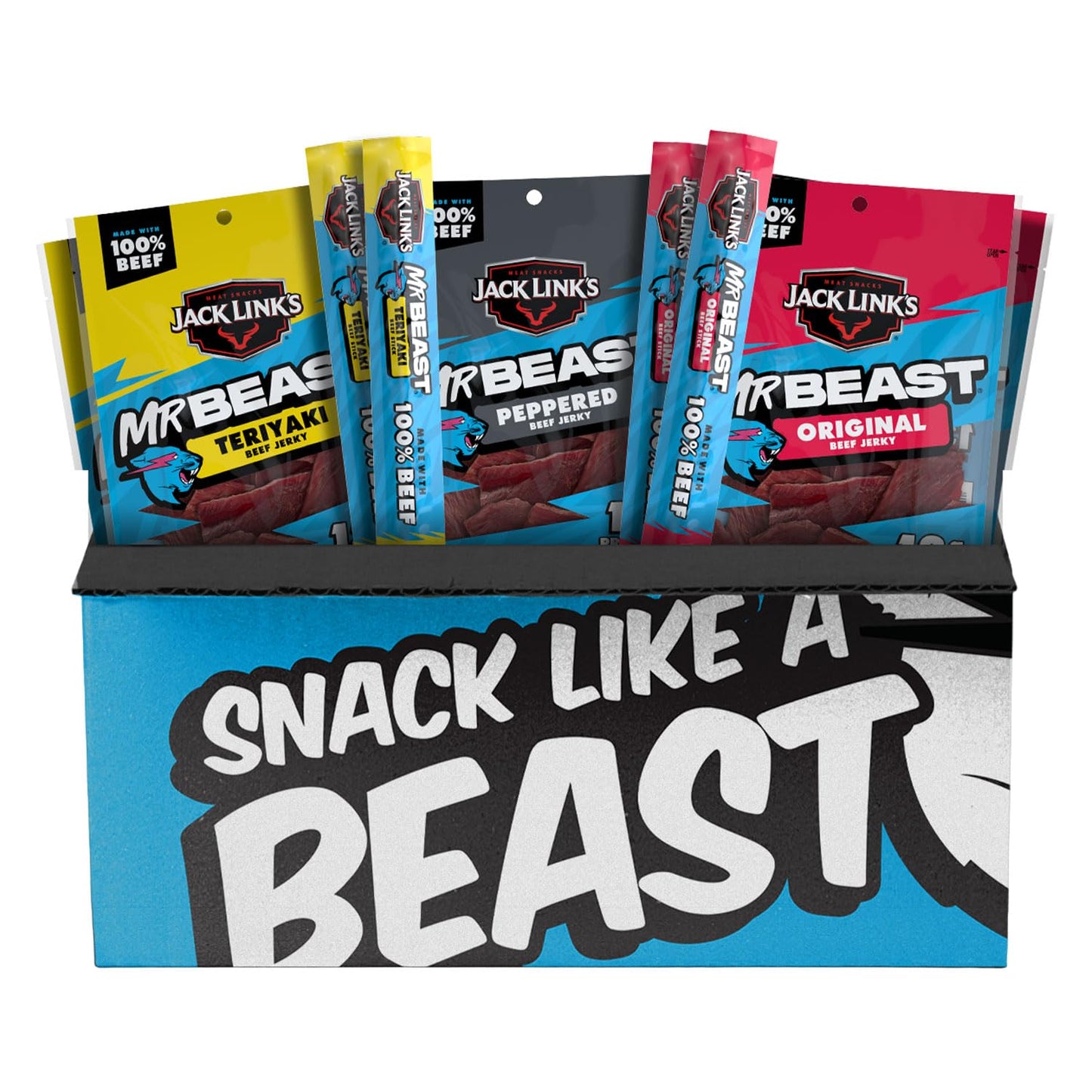 Jack Links x MrBeast Beast Beef Jerky Variety Box  1.25oz Jerky Bags  0.92oz Beast Sticks  Made with 100% Real Beef  Pantry-Ready  Kids Snacks