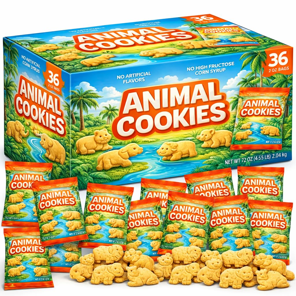 Animal Crackers Cookies 36 Individually Wrapped Snack Bulk Pack - 2 oz Each Bags Kids Lunch Boxes Grab & Go After School Treat P