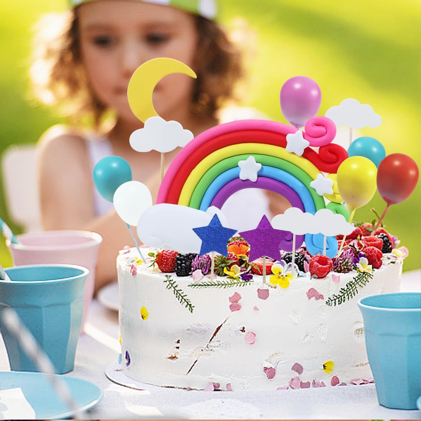 Blingabc Rainbow Cloud Cake Topper, 15Pcs Colorful Rainbow Soft Pottery Cake Toppers Set With Colorful Balls Cloud Moon Stars Ca