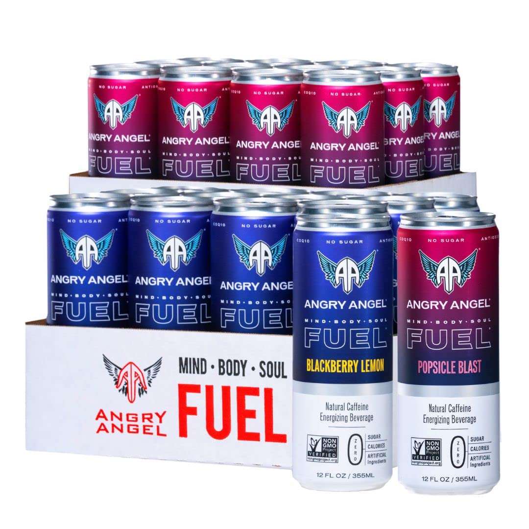 Angry Angel Blackberry Lemon & Ice Pop Blast Natural Energy Drink - (24 Count) Mixed Pack - Zero Sugar - Coq10 - Important B Vitamins - 12 Oz Cans