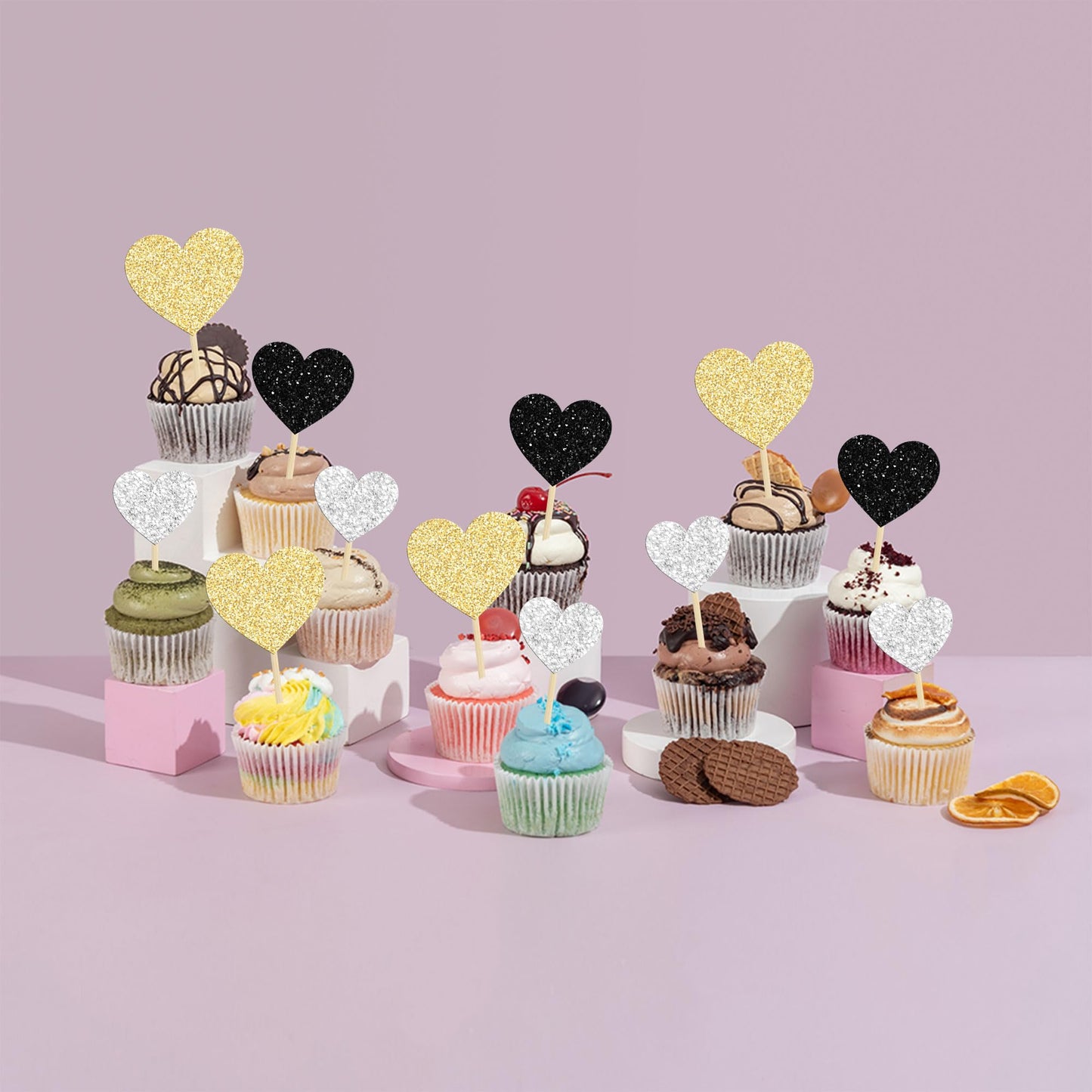 Gyufise 30Pcs Heart Cupcake Toppers, Glitter Paper Picks for Valentines Day, Wedding, Birthday Party, Gold Black Silver