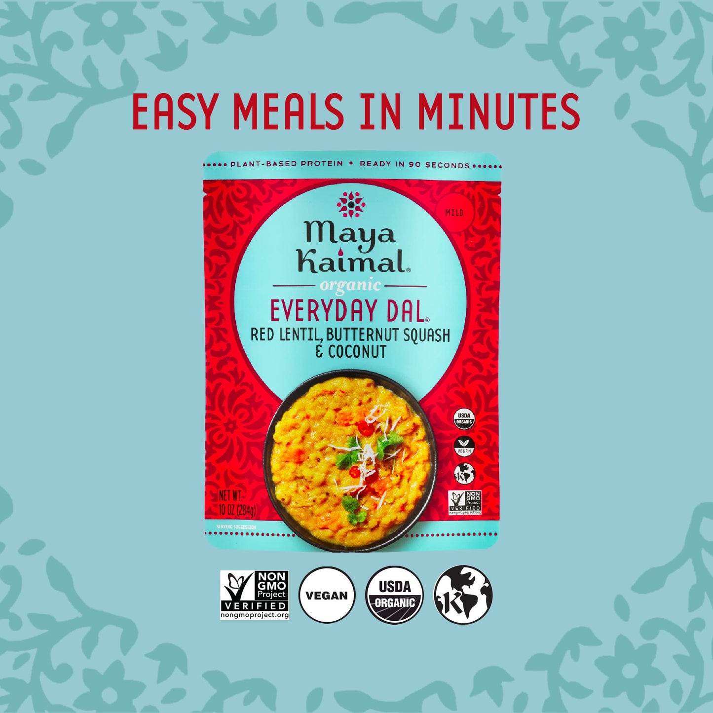Maya Kaimal - Organic Indian Everyday Dal - Red Lentil 10Oz - Fully Cooked With Butternut Squash And Coconut - Vegan - Microwava