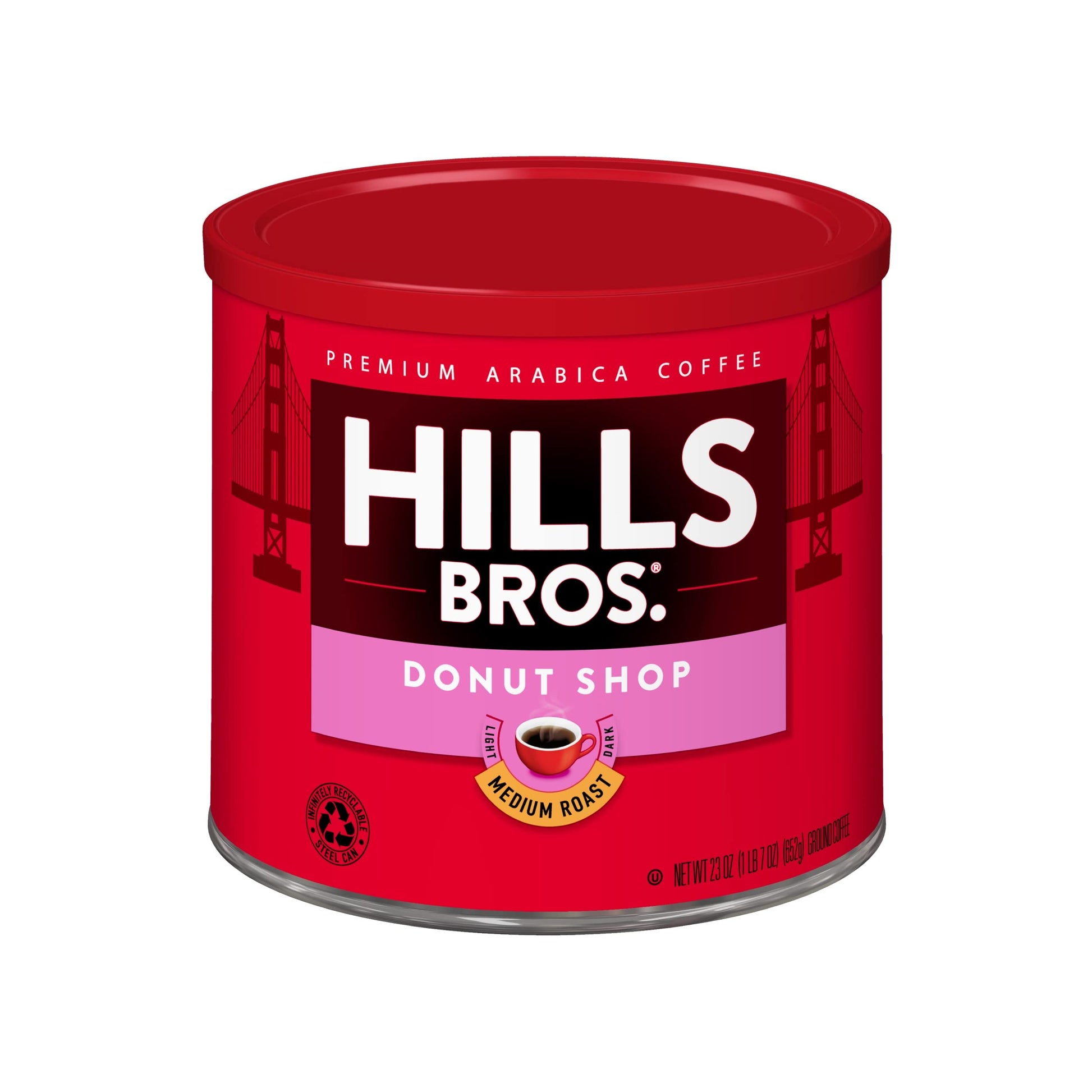 Hills Bros Donut Shop Ground Coffee  Medium Roast  23 Oz. Can - Slightly Sweet  Smooth Coffee Taste