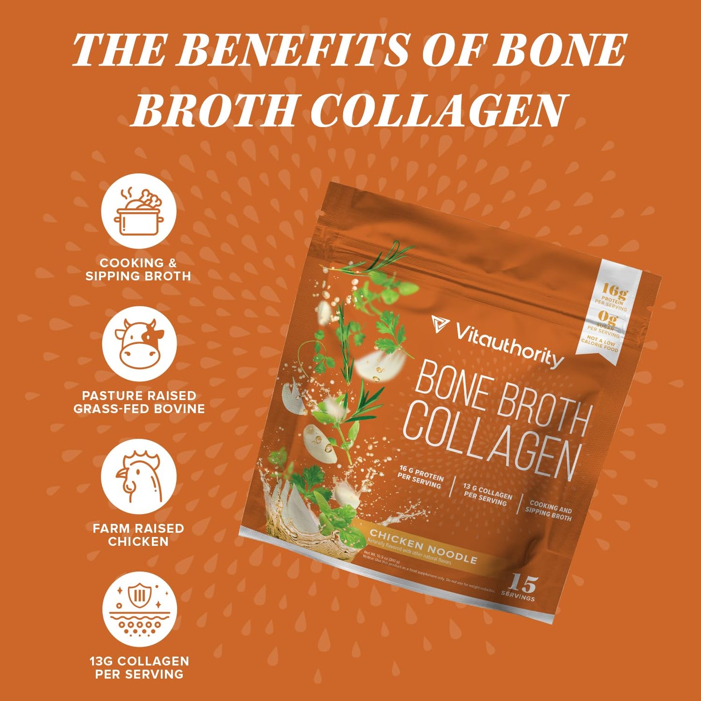 Vitauthority Bone Broth Collagen Chicken Noodle Flavor - 15 Servings - 16g Protein, Types I, II, III