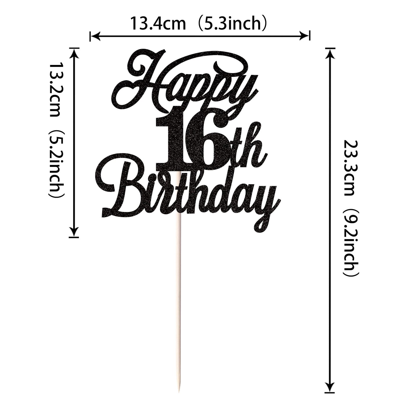 Rssta i Happy 16th Birthday Cake Topper, Black Glitter, 16 & Fabulous, Paper Decoration, Model XM063-Black 16th