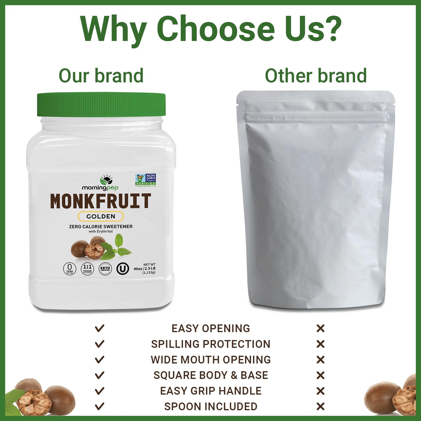 Morning Pep Monk Fruit Sweetener  golden Sugar Substitute  5 lb  Keto Friendly  1:1 Sugar Replacement  Zero Calorie  Non-GMO  Kosher  Golden - 5 lb