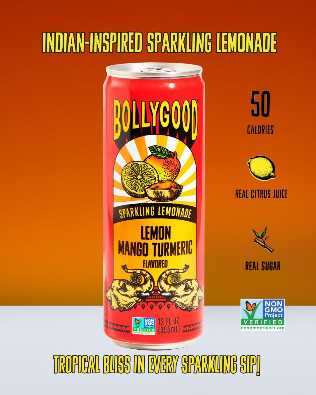 Bollygood Sparkling Lemonade, Lemon Mango Turmeric, Indian Inspired Beverage Nimbu Pani, No Artifical Colors Or Flavors, Non-Gmo