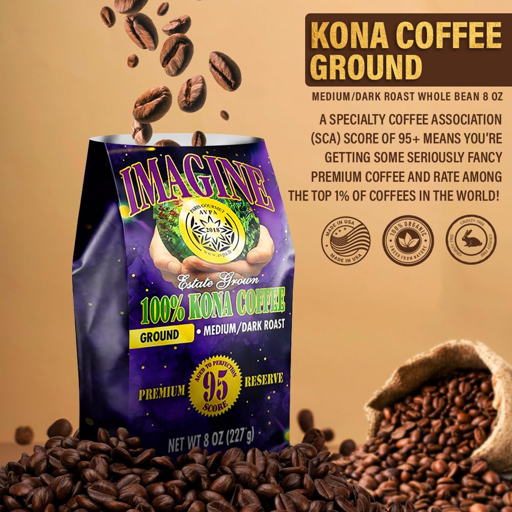 Imagine Kona Organic Coffee Beans | Arabica Kona Beans | Top Grade Air Roasted | Medium Dark Roast | Organic Whole Bean (Ground,