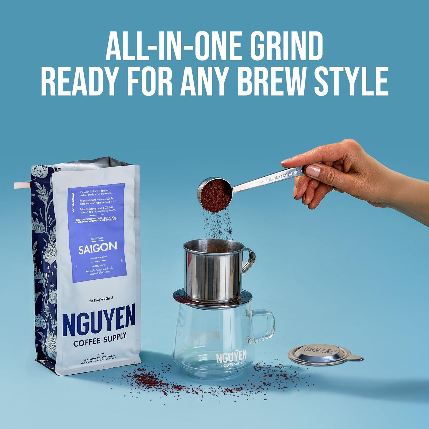 Nguyen Coffee Supply Dark Roast Premium Ground Coffee, Saigon Robusta & Arabica Blend, 12 oz Bag, Low Acid, High Caffeine