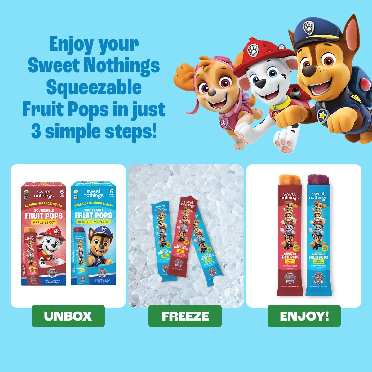 Sweet Nothings, PAW Patrol Multi Pack, USDA Organic Kids Squeezable Super Fruit Popsicle Pops, Value Pack of 24 - Dye-Free, No