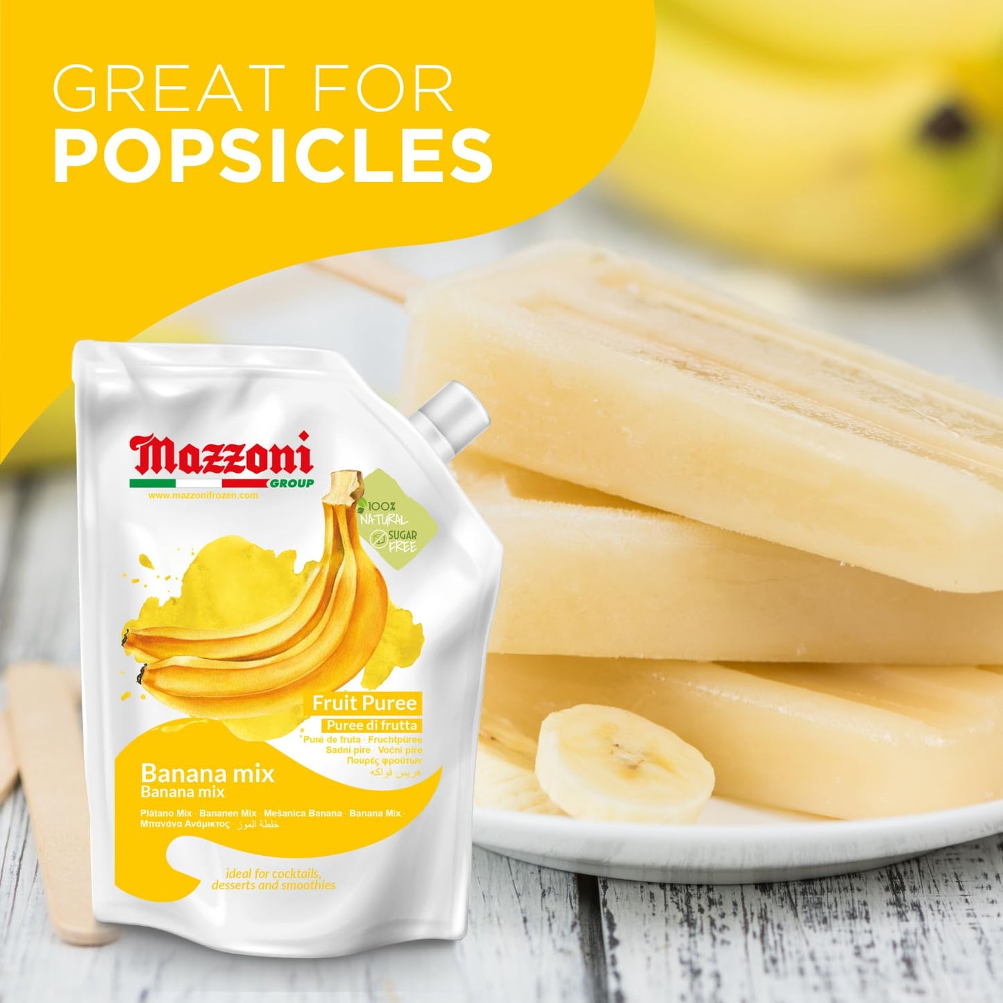 Banana Mix Puree, No Sugar Added, Real Fruit For Smoothies, Drinks, Cocktails, Fruit Juice - 2.2 Lb. Convenient Pouch, Mazzoni,