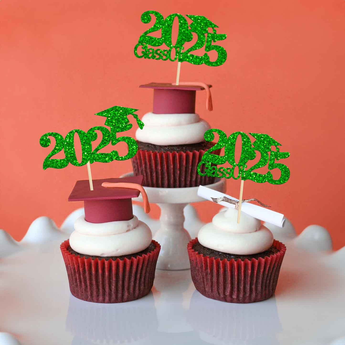 Gyufise 24Pcs Class Of 2025 Cupcake Toppers Green Glitter 2025 Graduation Cake Topper Decorations Grad Cap 2025 Cupcake Picks Fo
