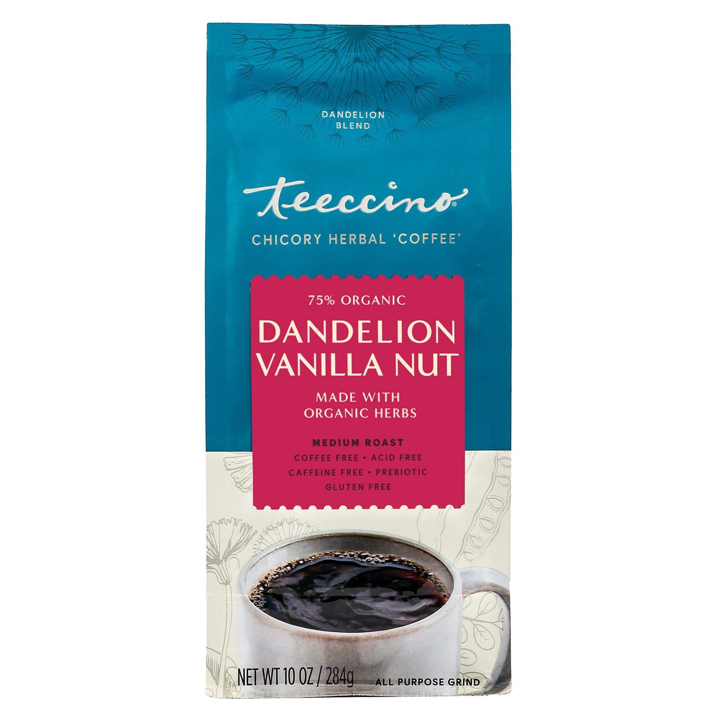 Teeccino Dandelion Vanilla Nut Herbal Coffee - Caffeine-Free, Medium Roast, 10 oz