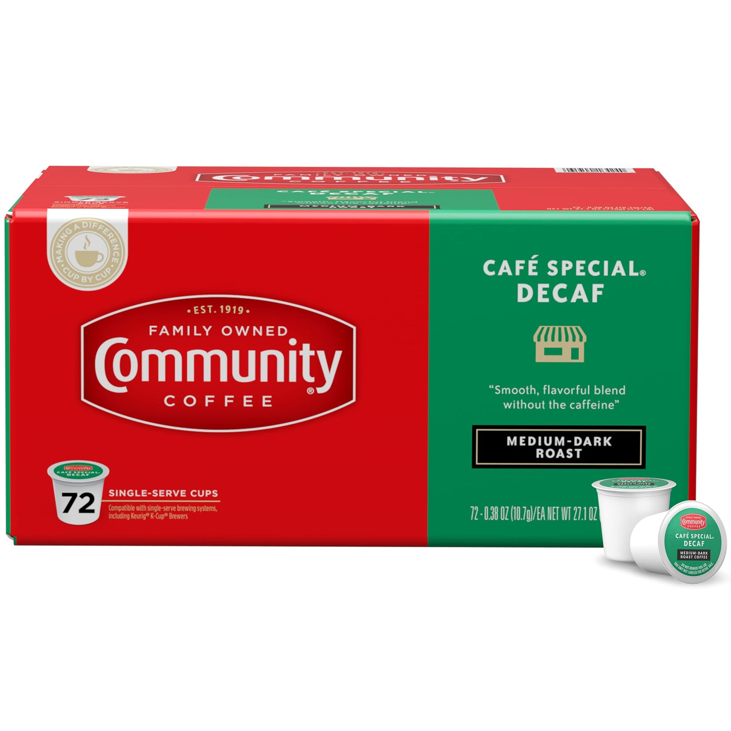 Community Coffee Café Special Decaf Coffee Pods, Medium Dark Roast, 72 Count, Compatible with Keurig 2.0 K-Cup Brewers