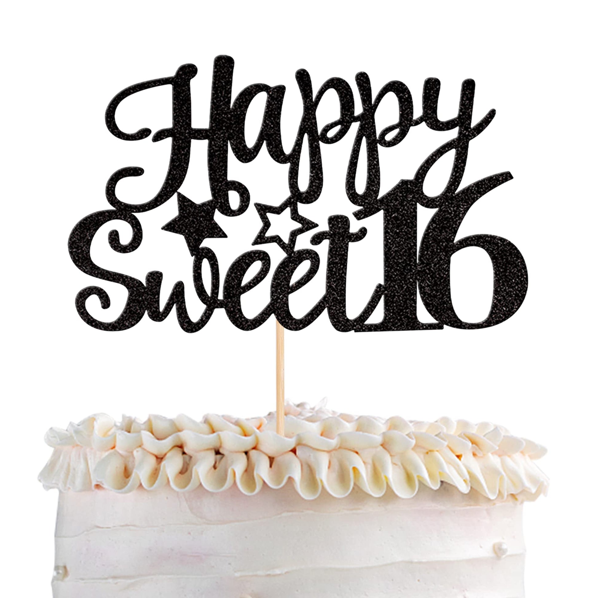 YCTHUNFISH Happy Sweet 16 Cake Topper, Glitter 16th Birthday Decoration, Bamboo, Black