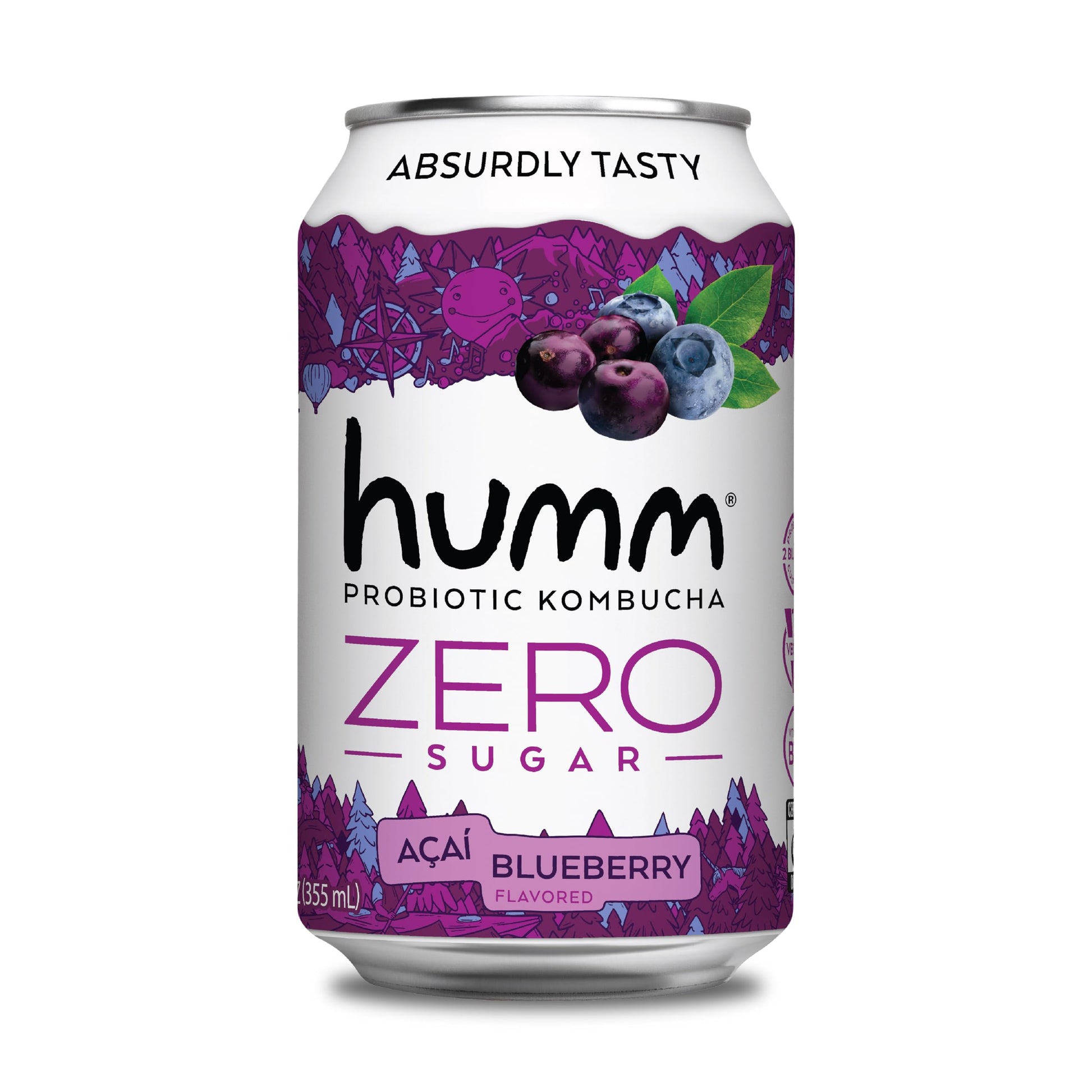 Humm Probiotic Kombucha Zero Sugar Blueberry Acai - No Refrigeration Needed, Keto-Friendly, Organic, Vegan, Gluten-Free - 12Oz C