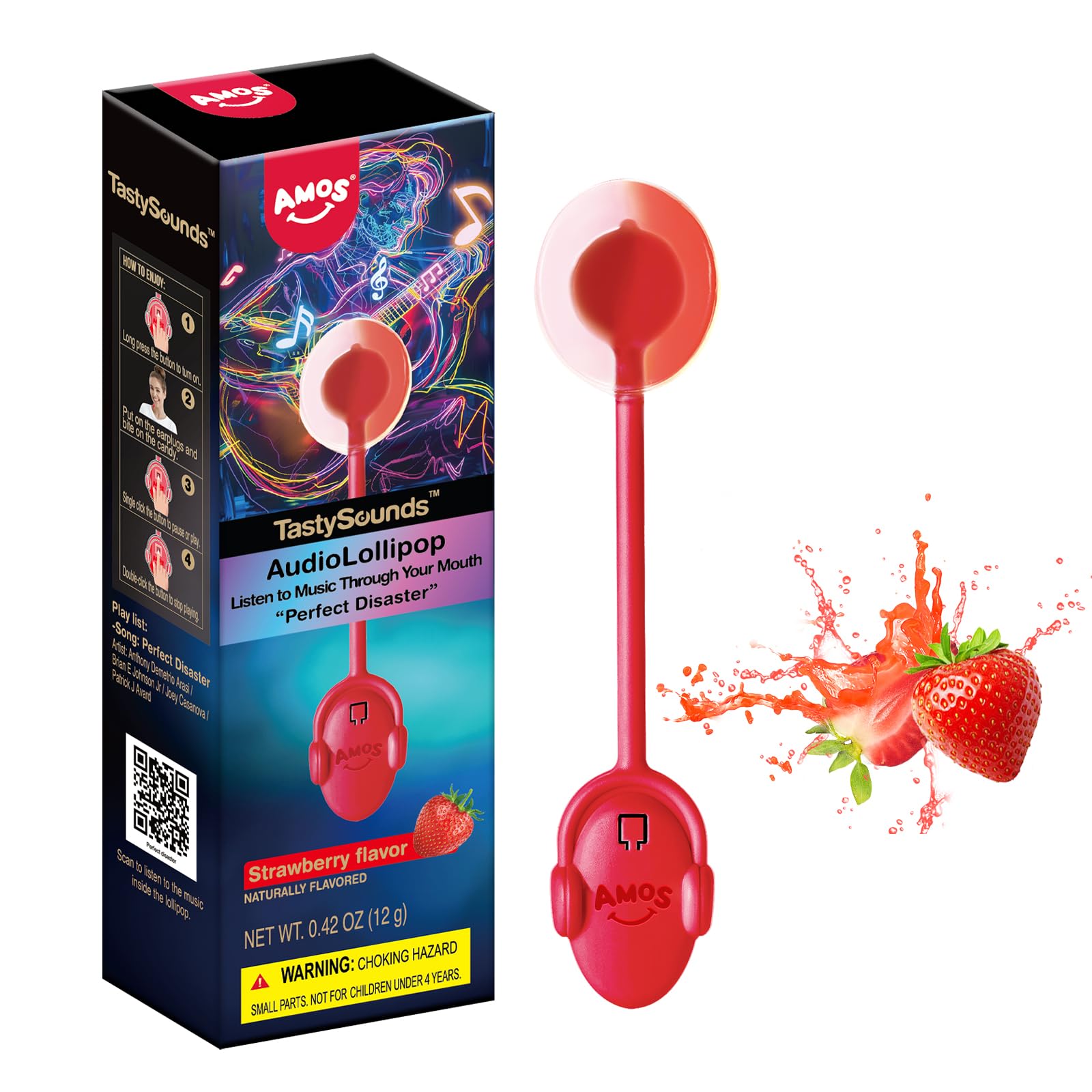Amos Audio Music Lollipop Suckers, Sugar Free Singing Lollipop - PERFECT DISASTER, Natural Strawberry Flavor(Pack of 1)