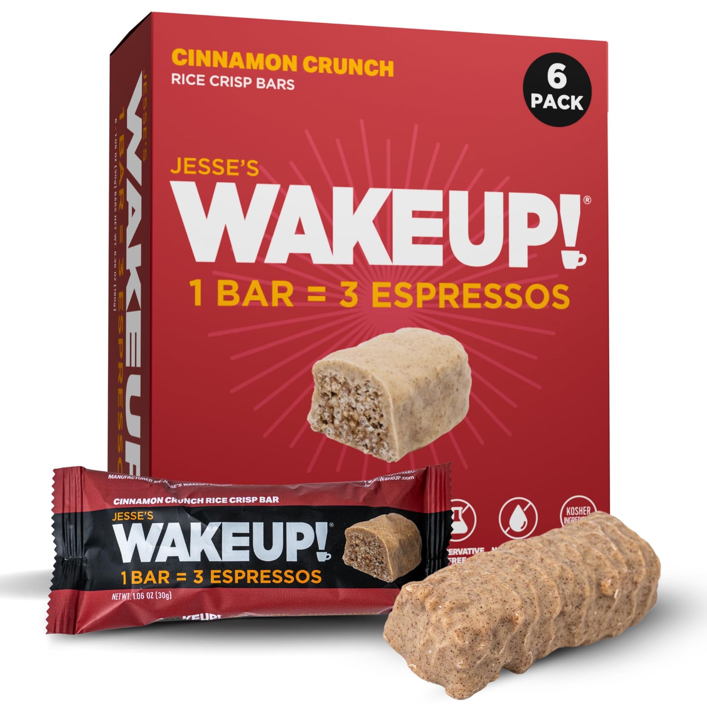 Jesses WakeUP! Cinnamon Crunch Protein Bars - 350mg Caffeine, Gluten-Free, Vegetarian, 6 Pack