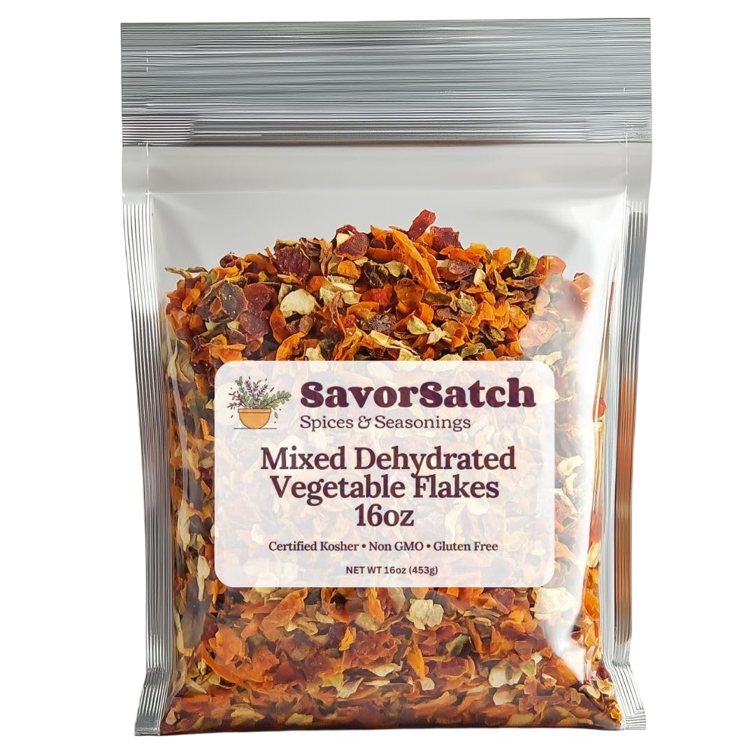 SavorSatch Dehydrated Mixed Dried Vegetable Flakes - 16oz Resealable Pouch | Bulk Pack | GMO-Free & Wheat Gluten-Free | Carrot, 