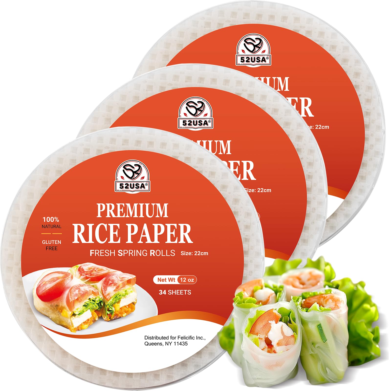 52Usa Rice Paper, 3 Pack, Rice Paper Wrappers, Fresh Spring Roll Wrappers & Dumplings-102 Sheets, Gluten-Free Wonton Wrappers, V