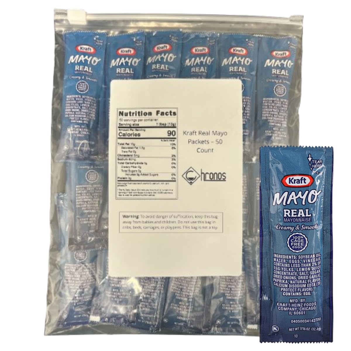 CHRONOS Real Kraft Mayo Packets - 50 Count Single Serve 7/16 Oz - Food Safe Slide Seal Bag Included