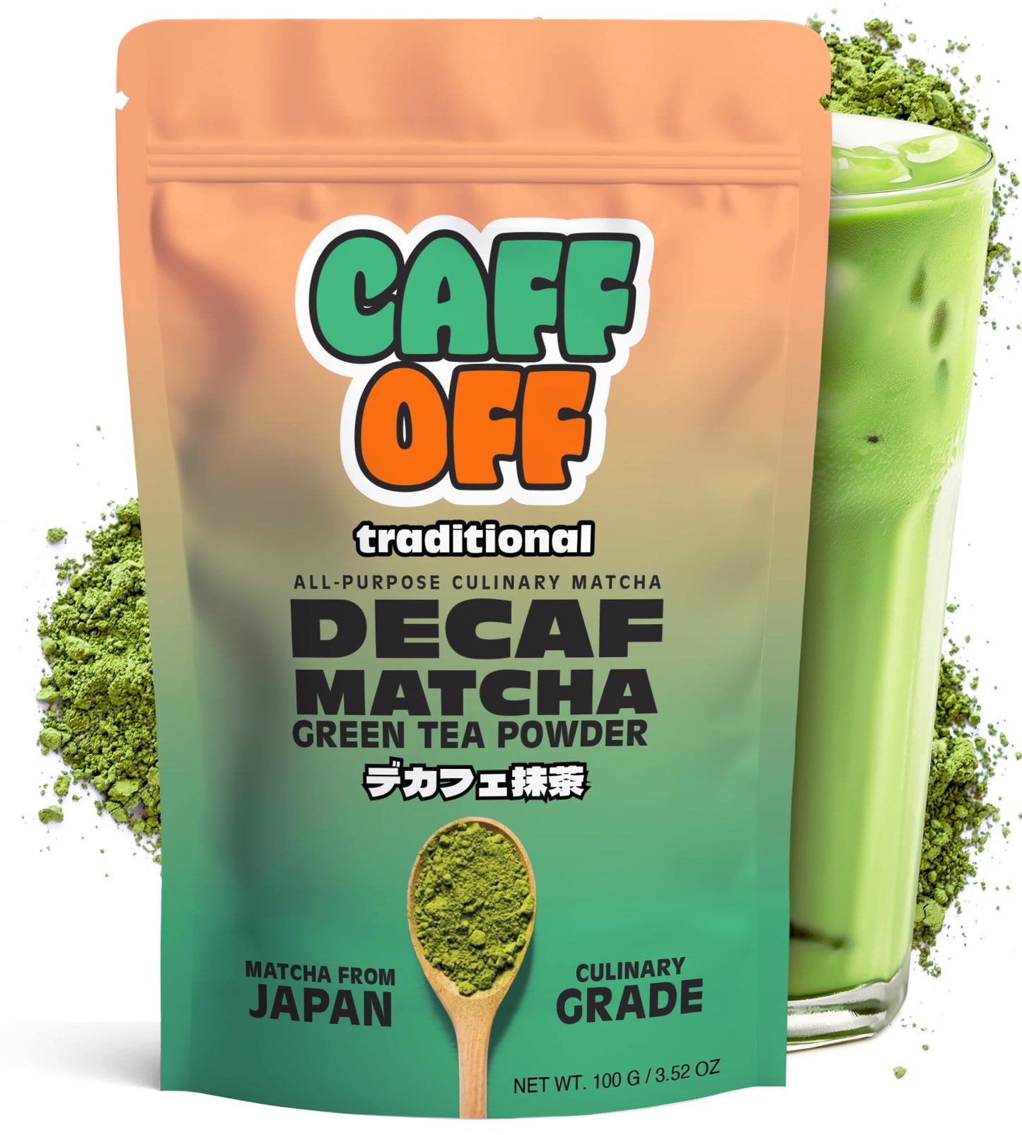 Caff Off Decaf Matcha Green Tea Powder - Culinary Grade, Naturally Decaffeinated, 3.52 oz, First Harvest, Caffeine Free