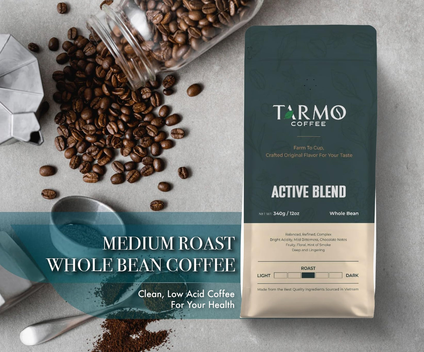 TARMO COFFEE Low Acid Arabica & Robusta Whole Bean Coffee, Medium Roast, 12 Oz Bag