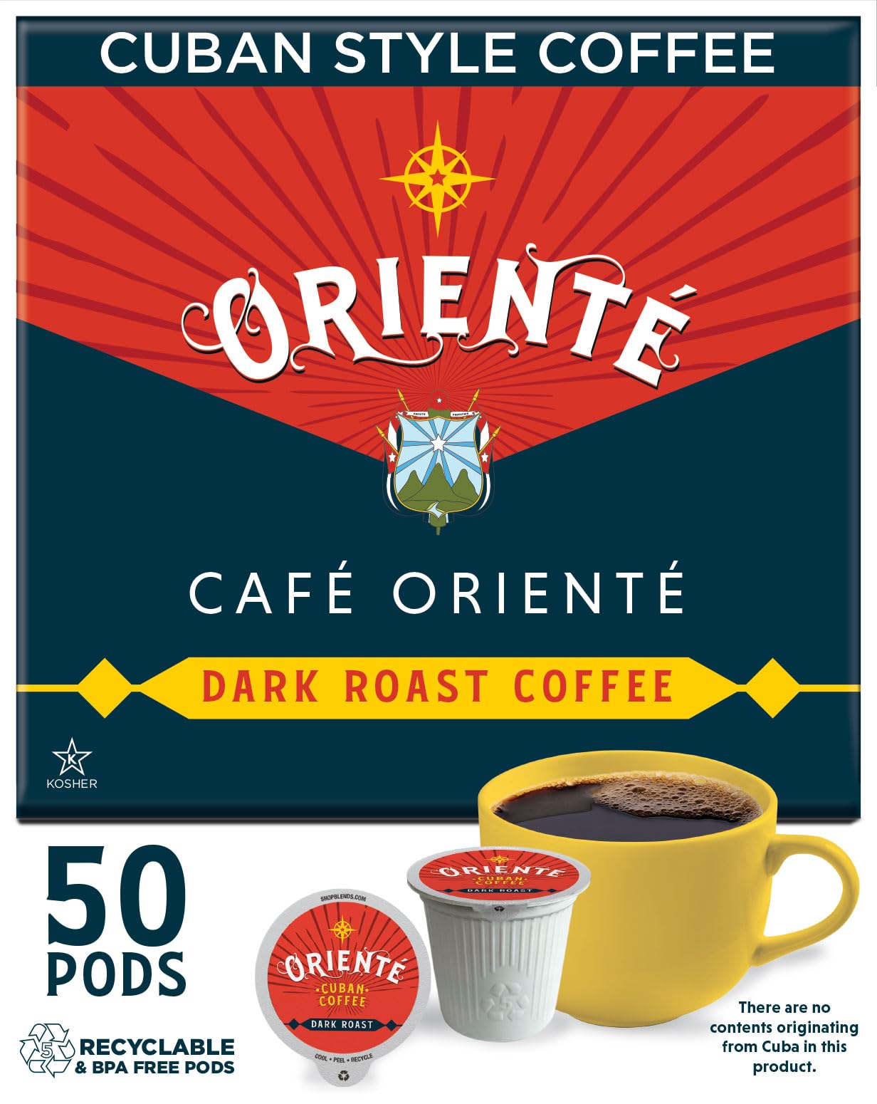 Oriente Dark Roast Cuban Coffee Pods, 50 Ct | Cafe Oriente Authentic Cuban Coffee Inspired Style | 100% Arabica Coffee | Solar E