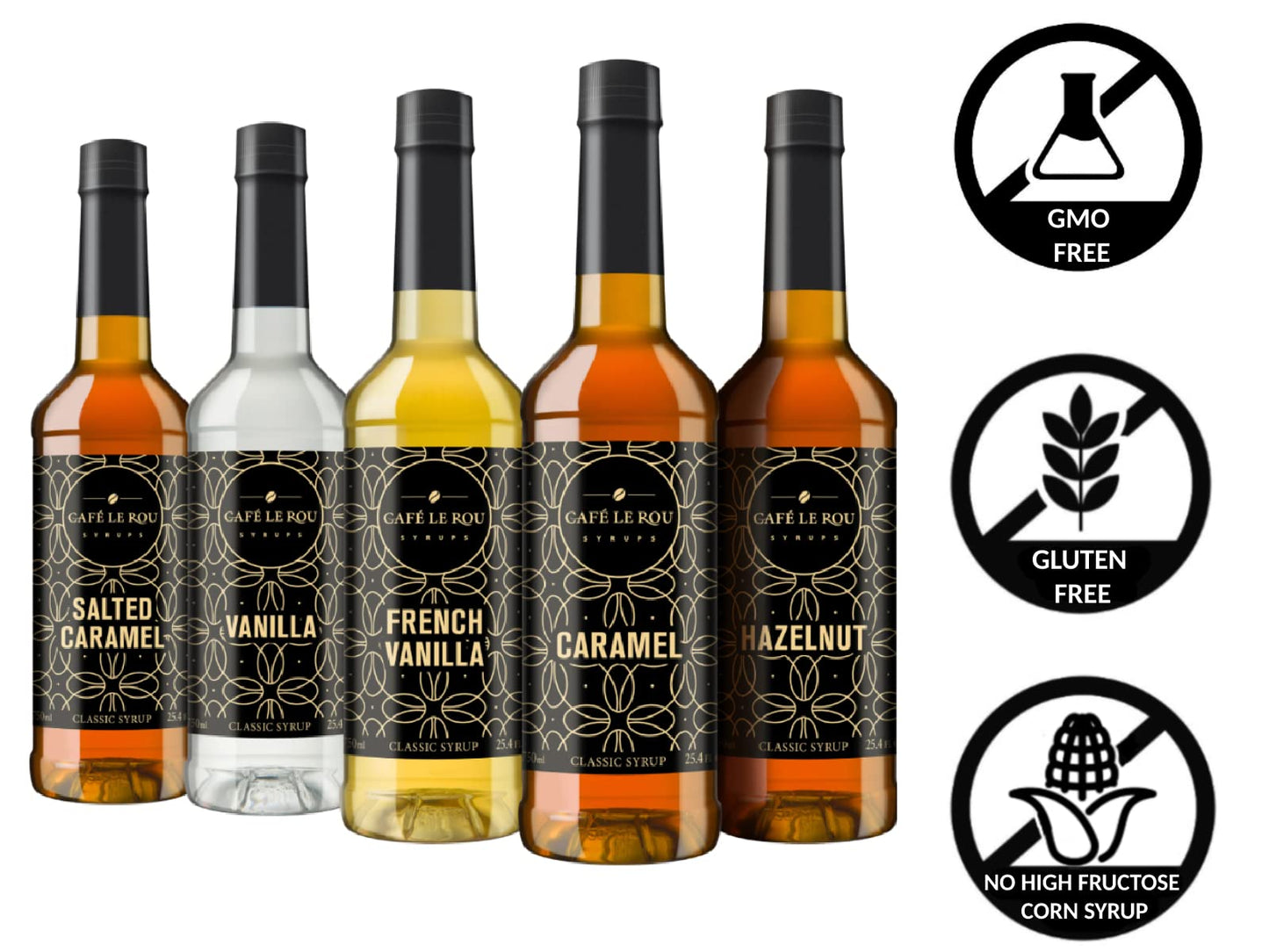 Caf? Le Rou Coffee Syrup Variety 5-Pack- 25.4 oz Vanilla  French Vanilla  Caramel  Salted Caramel  Hazelnut Coffee Flavoring Syrup for Coffee  Tea and Espresso