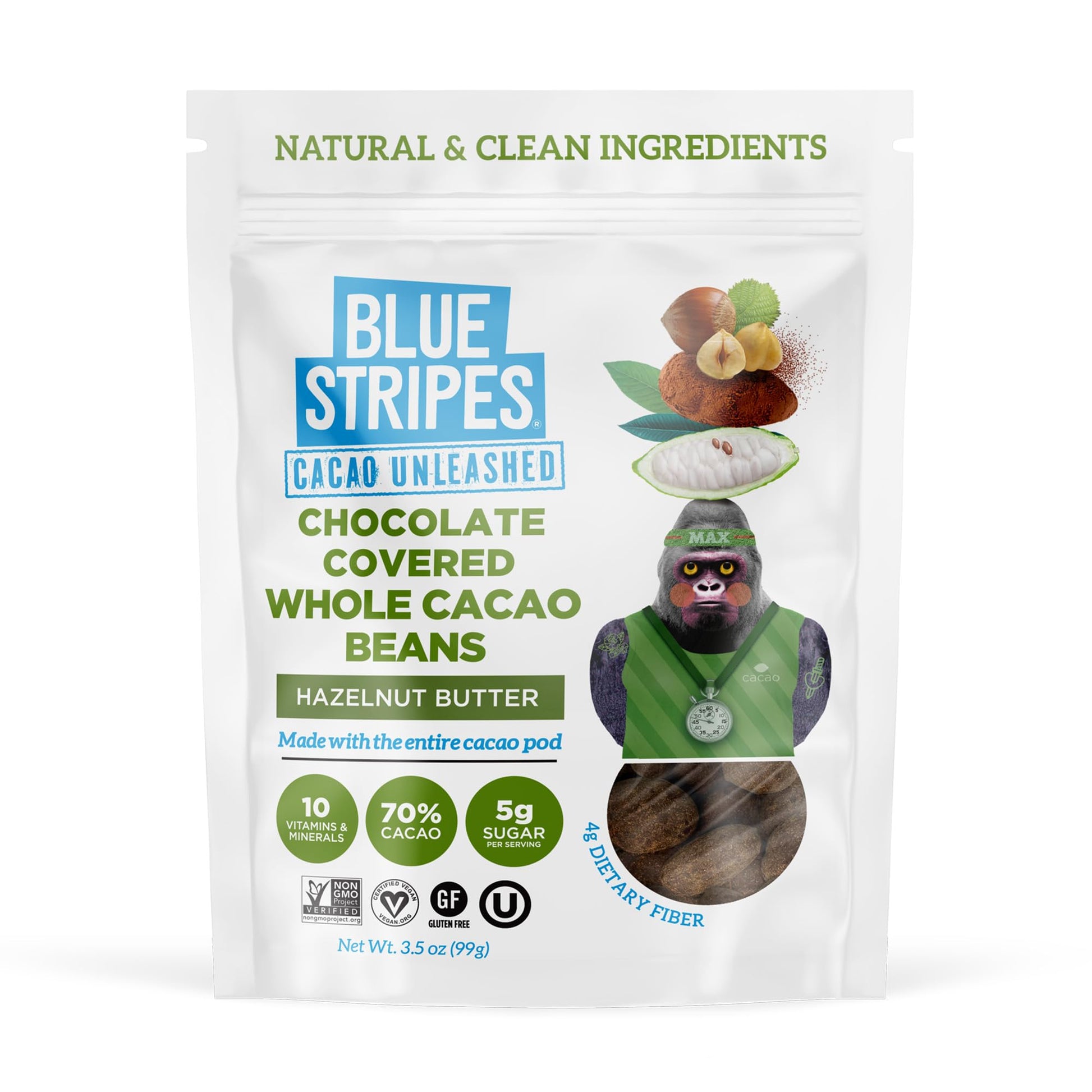 Blue Stripes Hazelnut Butter Chocolate Covered Whole Cacao Beans, 3.5 OZ