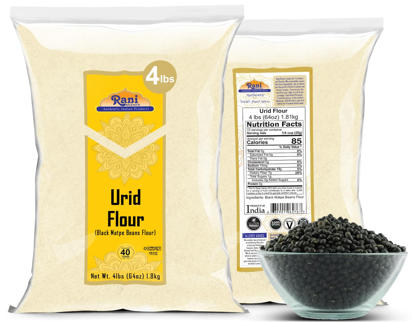 Rani Urid/Urad Flour (Black Matpe Beans Flour) 64Oz (4Lbs) 1.81Kg Bulk ~ All Natural | Vegan | Gluten Friendly | Non-Gmo | Koshe