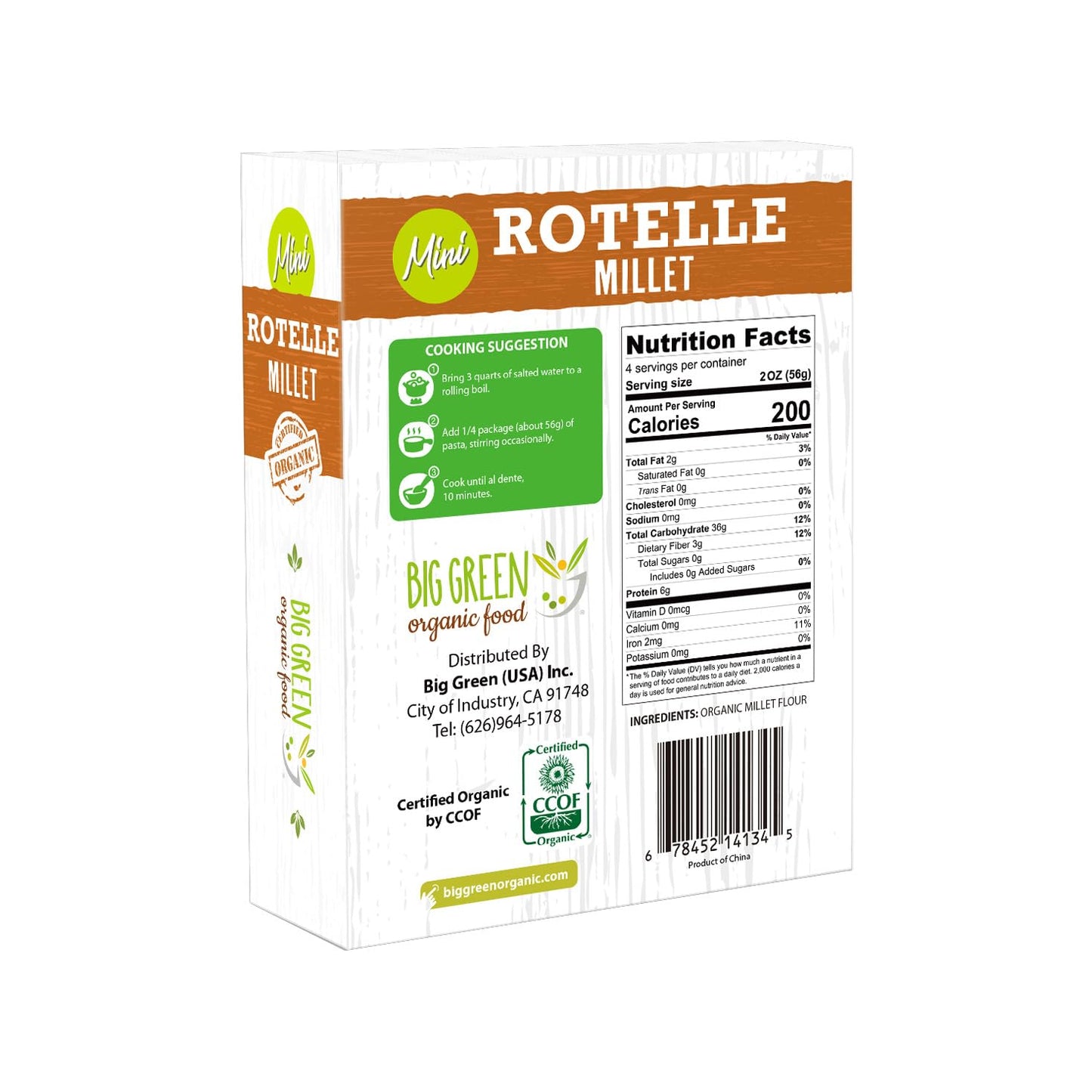 Big Green Organic Food Organic Mini Millet Rotelle Pasta, Gluten-Free, Vegan, 8.8 oz Box