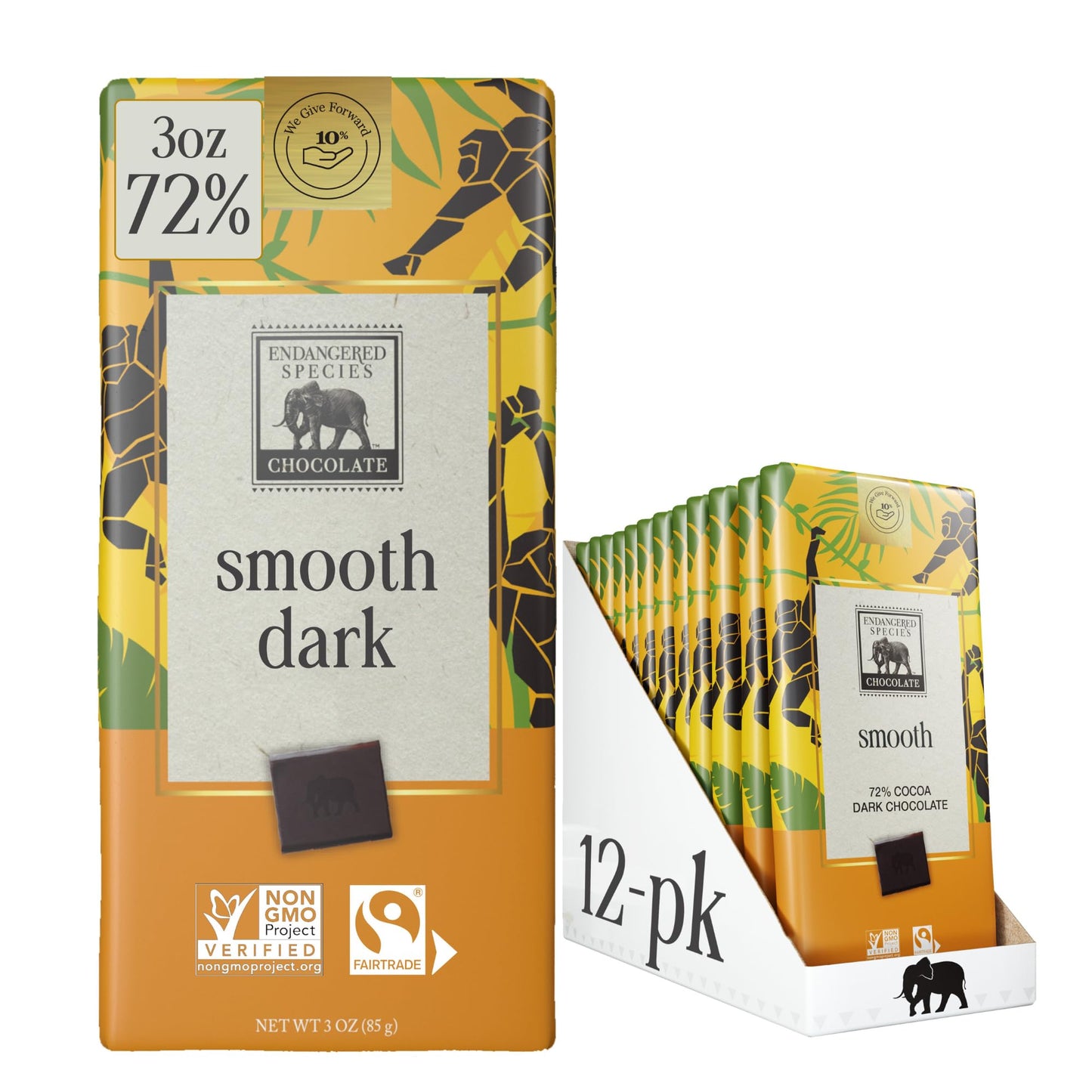 Endangered Species Chocolate Chimpanzee, Natural Dark Chocolate (72%), 3-Ounce Bars (Pack Of 12)