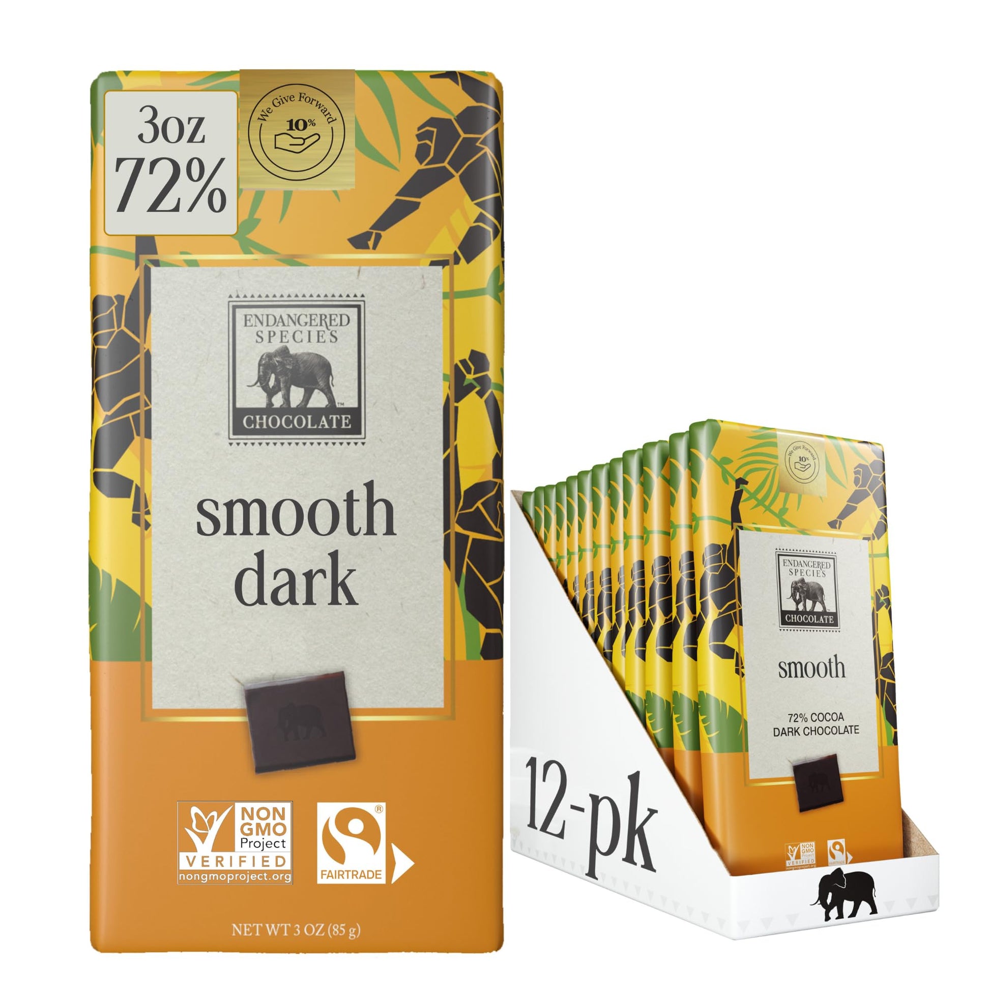 Endangered Species Chocolate Chimpanzee, Natural Dark Chocolate (72%), 3-Ounce Bars (Pack Of 12)