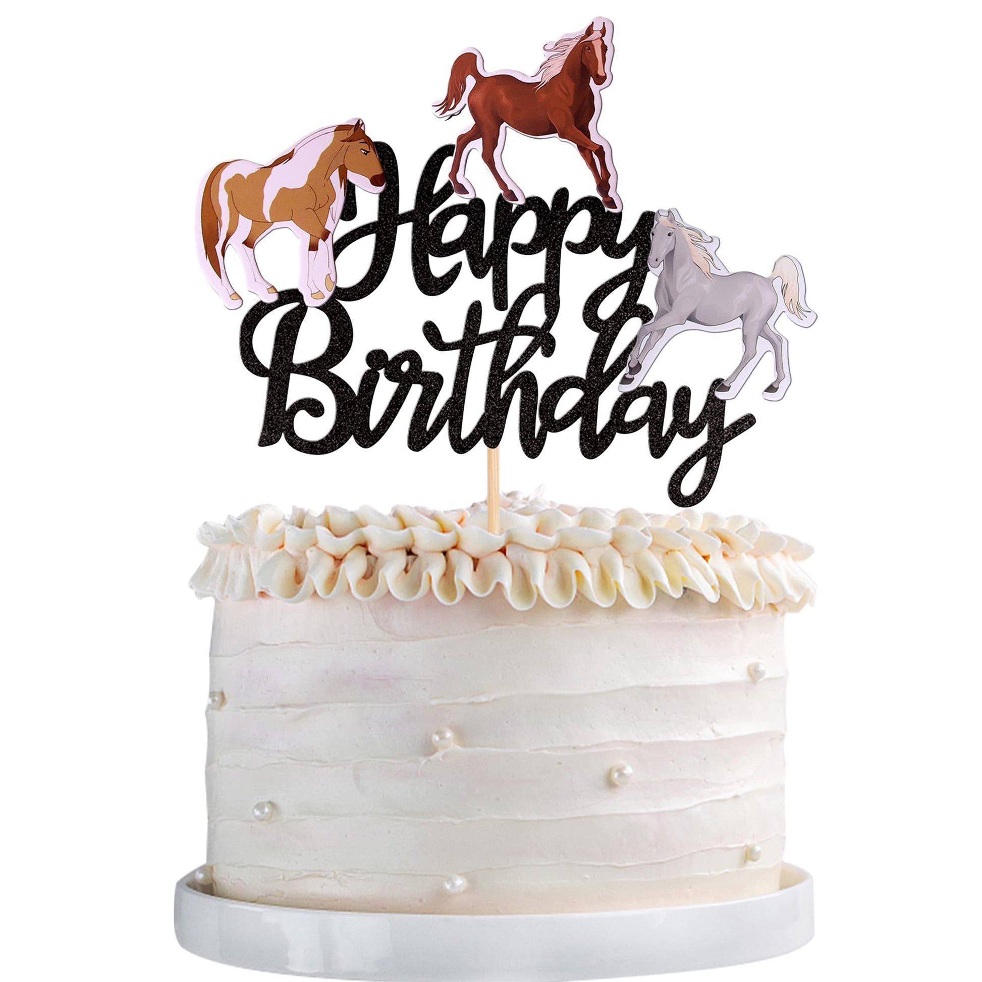 YCTHUNFISH Horse Birthday Cake Topper, Glitter Paper Decoration, Equestrian Theme, Black